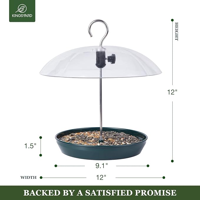 Kingsyard Adjustable Platform Bird Feeder for Outdoors, Hanging Metal Seed Tray with Clear Rain Proof Dome, Large Capacity for Wild Bluebird Cardinal Dove Mealworm, Green