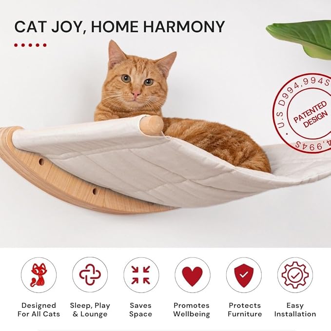 7 Ruby Road Cat Hammock Wall Mounted for Large Cats, Wood Perch Bed for Indoor Cats, Modern Cat Window Furniture & Shelves