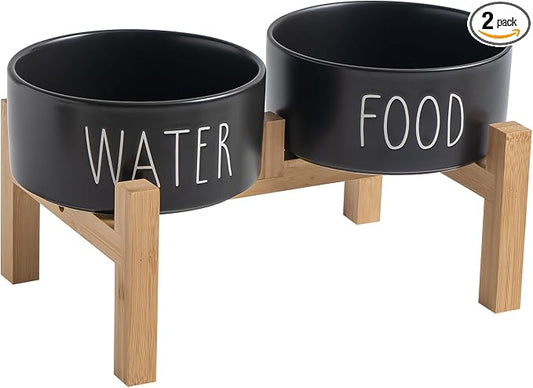 Elevated Ceramic Dog Bowls Set - Food & Water Lettering Raised Dog Bowl with Non-Slip Bamboo Stand for Small and Medium Dogs, Weighted Dogs Dishes Pet Bowls (6 inch, 2 * 30oz, Black)