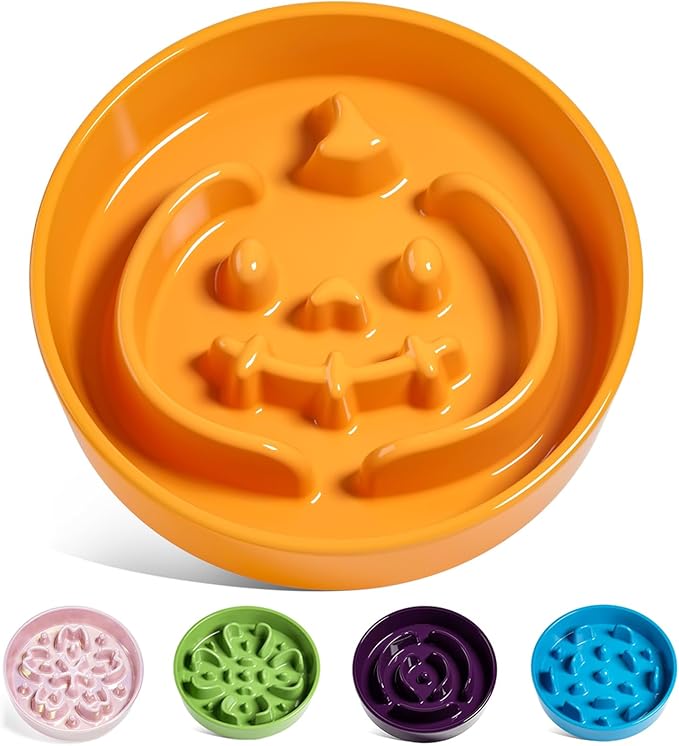 LE TAUCI Ceramic Puzzle Feeder Bowl Raised 1.5 Cup with Wood Stand for Small Medium Dog & Puppy, Fast Eating Food Dish,Pumpkin Orange