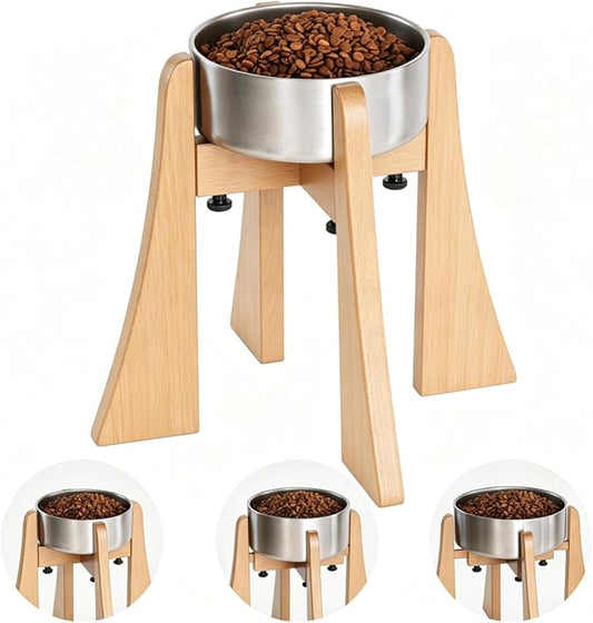 Elevated Bowl Stand Set 12-inch with Heavy Duty Beech Wood Made, Anti-Vomit Design for Medium Breed, Senior Dogs, Ergonomic Neck Protecting, Adjustable Diameter, Easy Clean Non Toxic