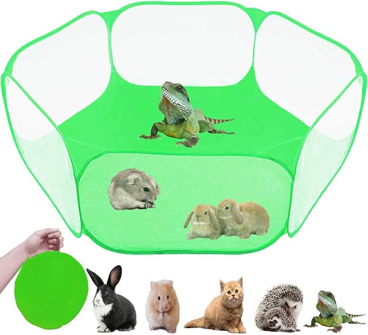 Small Animals Tent,Reptiles Cage,Breathable Transparent Pet Playpen Pop Open Outdoor/Indoor Exercise Fence,Portable Yard Fence (Cool Green)