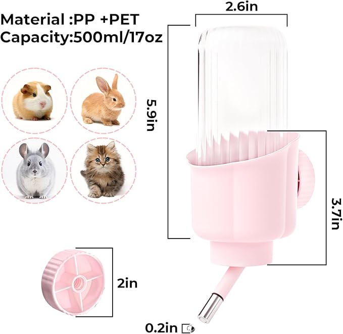mini&moe Guinea Pig Water Bottle No Drip - 17oz Rabbit Water Dispenser for Cage Crate BPA Free for Syrian Dwarf Hamster Bunny Gerbils Chinchilla Ferret Squirrel Small Animal
