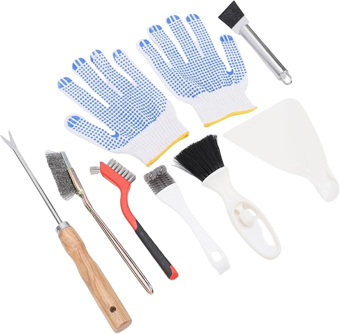 Luqeeg 7Pcs Bird Cage Cleaning Tools Set, Fork Brush Scraper Broom Dustpan Gloves Kit, Stainless Steel Bird Droppings Scraper Tool for Parakeet Items Small Animal Cage Cleaning
