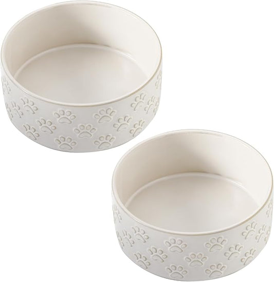 UBEE Small Dog Bowls Set of 2, 5.1 inch Ceramic Dog Dish Food Bowl, Pet Food Water Dish Feeding for Small Dogs and Large Cat, Paw Pattern, 5.1 in-Small, White