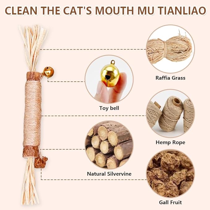 Natural Dried Matatabi Cat Chew Stick with Gall Fruit, Raffia Grass & Bell Cat Ball Toys, Handmade Silvervine Sticks Interactive Catnip Toys for Teething & Entertainment (Size M Color G)