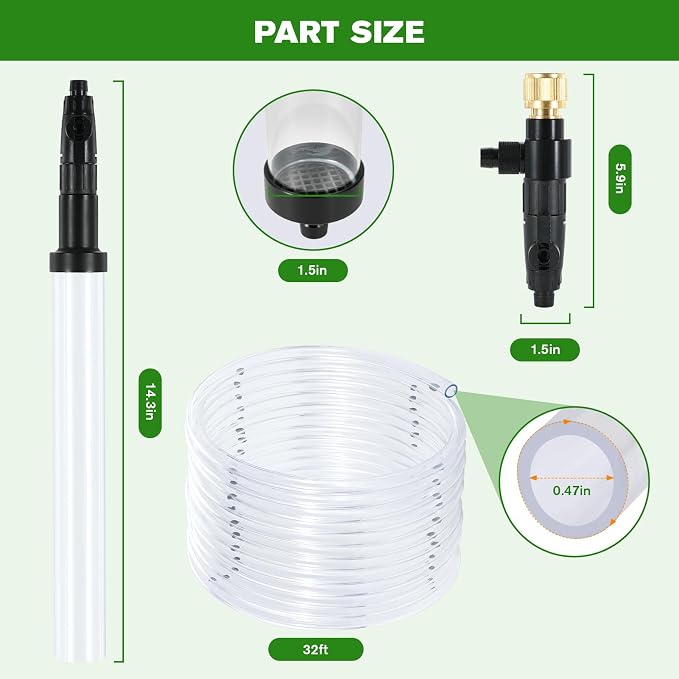 Aquarium Siphon Vacuum Gravel Cleaner Kit for Fish Tank（32ft） | Cleaning Gravel & Sand, Fish Tank Water Changer Metal Faucet Connector with Long Hose Drain & Fill