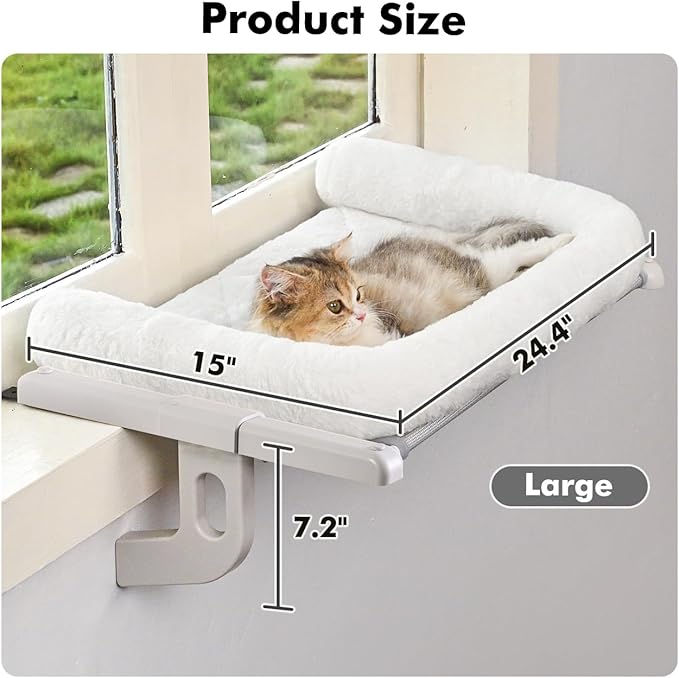 Zoratoo Cat Window Sill Perch with Large Bolster, Easy to Adjust & Assemble Cat Window Seat for Windowsill & Bedside, Pet Hammock Bed for Large Cats and Kittens (White, L)