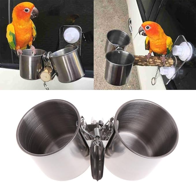 Bird Water Feeder Dishes Food Bowl for Cage Cups Clip On Perches Parrot Stainless Steel Birdcage Bowls with Clamp Toys for Small Birds