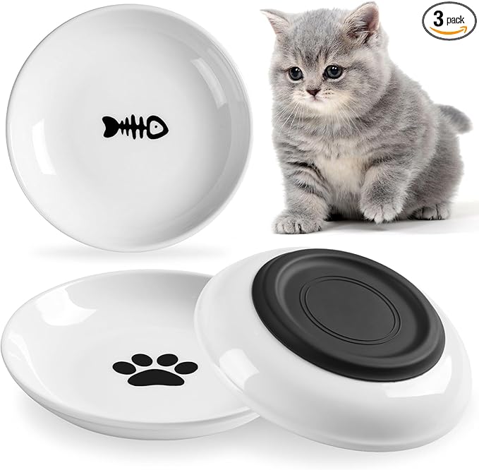 WROSWT Cat Food Bowl,Healthy Ceramic Cat Bowls for Indoor Cats,Anti Whisker Fatigue Cats Dishes Set,Shallow Wide Kitten Plates for Food and Water,Non-Slip Silicone Bottom,3 Pack