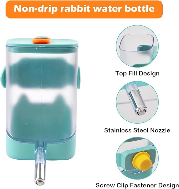 Hanging Water Bottle for Rabbits,23oz No Drip Small Animal Water Bottle Top Fill Guinea Pig Water Dispenser for Cage Crate Chinchilla Ferret Squirrel Hedgehog(Green)