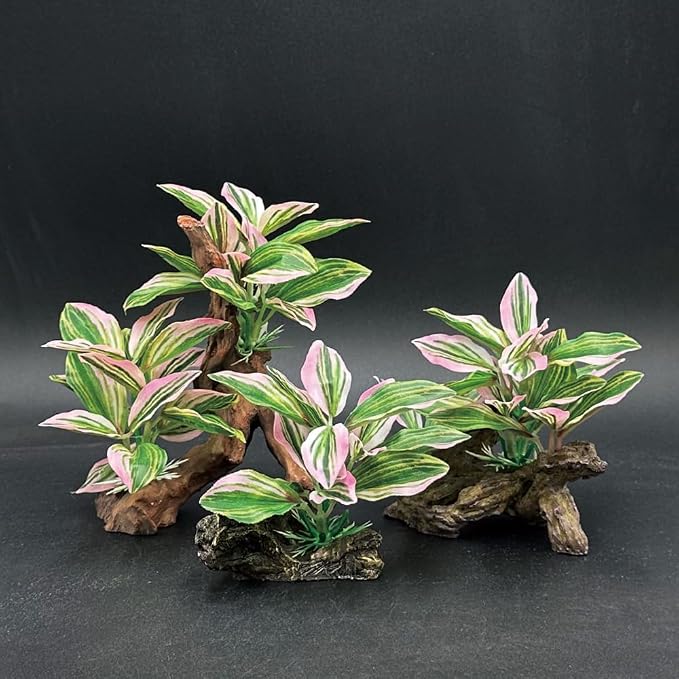Fish Tank Decorations Aquarium Decor Ornaments Betta Pink Leaf pad Hammock Artificial Driftwood Goldfish Bowl Accessories (Light Pink 3pcs/Buddha-Set)
