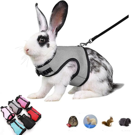 Bunny Harness with Leash Escape Proof,Soft Rabbit Mesh Vest Adjustable Buckle for Ferret Guinea Pig Hamster Walking Small Animal Pets Rat Squirrel, Gray L