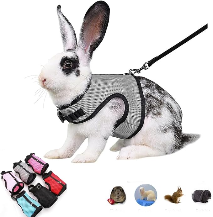 Rabbit Harness with Leash Set Escape Proof, Soft Bunny Mesh Vest Adjustable Buckle for Ferret Guinea Pig Hamster Walking Small Animal Pets Rat, Gray XL