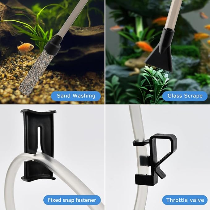 4-in-1 Aquarium Gravel Cleaner, 80GPH Siphon for 5-20 Gal Tanks | Multifunction F Vacuum Cleaning Kit for 27" Deep Tanks with 6.5 Ft Hose, Removes Waste, Cleans Gravel, Changes Water