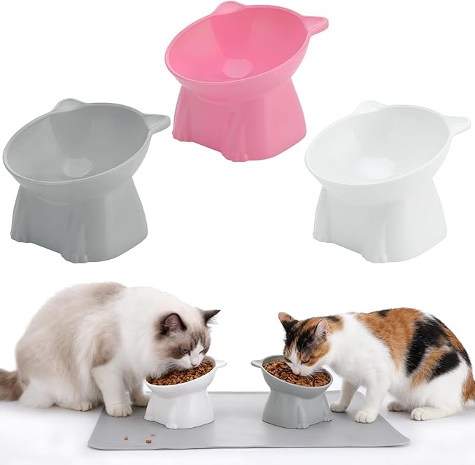 Elevated Cat Bowls 15° Raised Cat Bowl with Silicone Mat Whisker Friendly Anti Vomiting Cats Elevated Food and Water Bowls for Indoor Cats Kittens, Multicolor