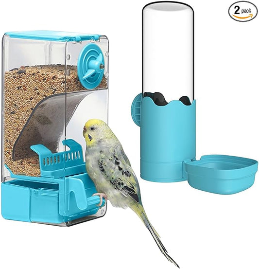 Bird Feeder Water Dispenser Set, Automatic Cage Feeder with Perch for Seed Parakeet Canary Cockatiel Finch Budgies Cage Accessories (Blue)