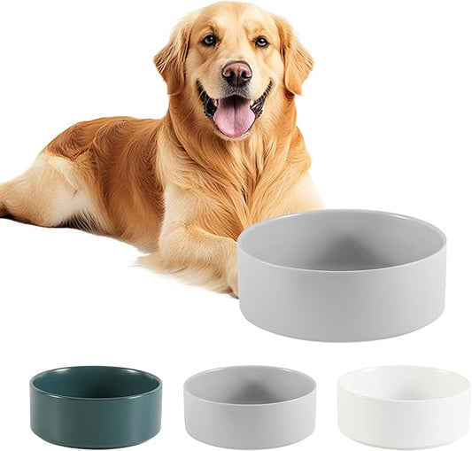 Ceramic Dog Bowl for Food and Water - Pet Feeder Bowl for Medium to Large Dogs - Heavy Ceramic Feeding Dish with Non Slip Base - Dishwasher & Microwave Safe - 8 Inch - 7.5 Cups - Gray