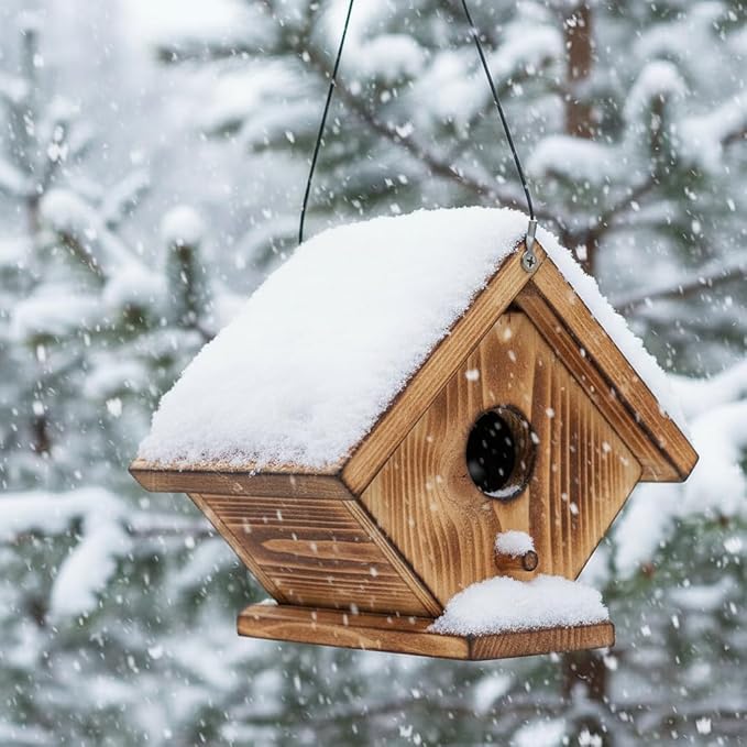 Wren Bird Houses for Outside, Golden Metal Hole Plate, Hanging Birdhouse for Outdoor, Cedar Wood Nest Box for Jay Wrens and Chickadees, Brass Entrance Stainless Cable Longtime Lasting
