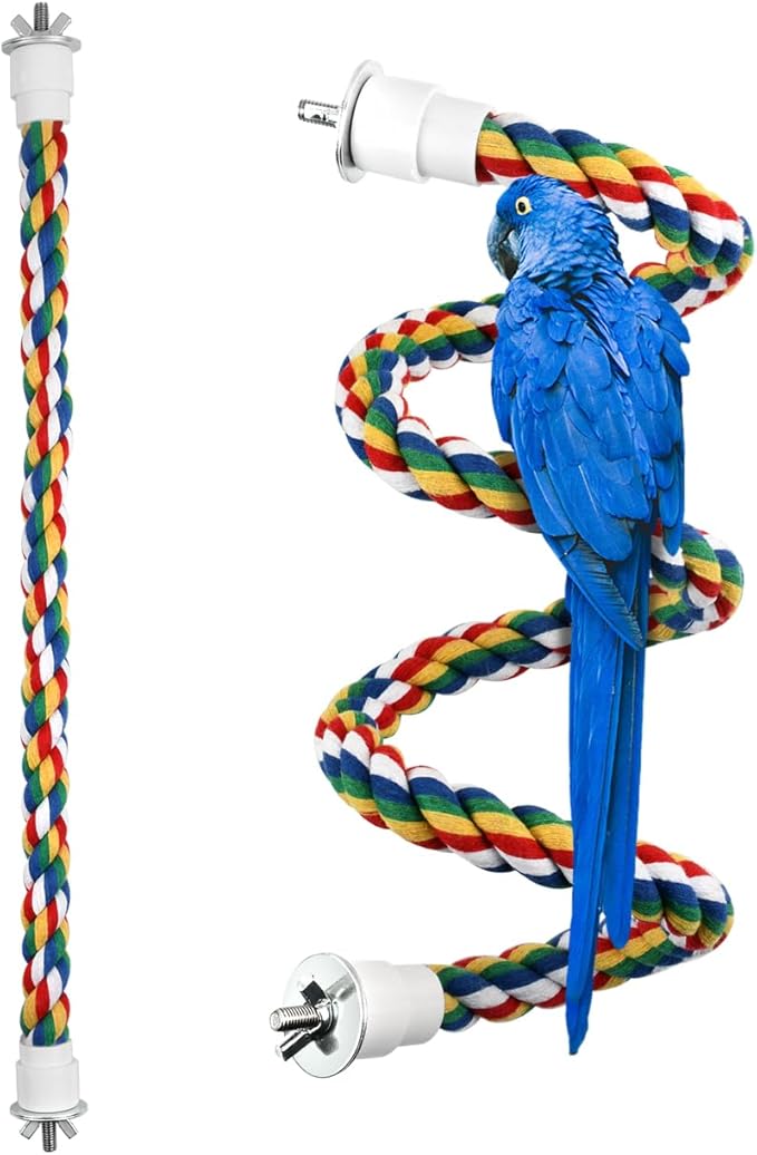 DS. DISTINCTIVE STYLE Bird Rope Perches Set of 2 Pieces (33 in+16 in), Colorful Cotton Rope for Birds, Bungee Style Perch Ideal for Parrots, Cockatiels, Lovebirds, and Budgies