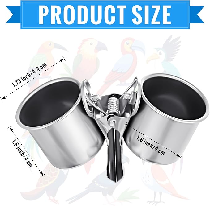 Tioncy 2 Pcs Clip on Water Bowl for Birds Parrot Feeding Double Cups Dishes Hanging Stainless Steel Food Water Bowls with Clip Pet Animal Feeder Cup Holder for Cage Coop Perches Play Stand Accessories