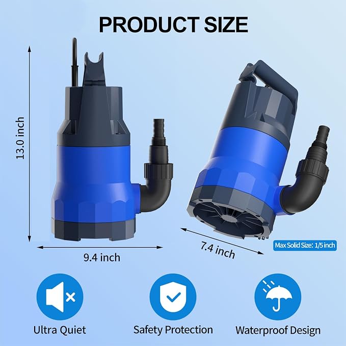 Sump Pump 1HP Submersible Water Pump 3700GPH Electric Utility Pumps | Draining from Pool Pond Tubs with 16.4ft Power Cord