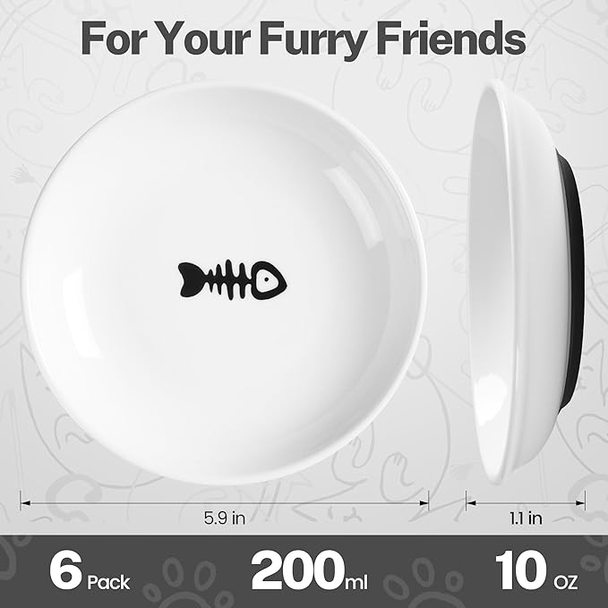 Cat Food Bowls, Whisker Friendly Ceramic Cats Bowls with Nonslip Silicone Base, Pack of 6 Quiet Dishes and Plates for Feeding Indoor Cats, Kittens and Small Dogs(Fishbone+Cat Paw,Shallower)
