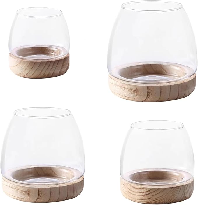 Glass Fish Bowl,with Wooden Base, Small Desktop Fish Bowl Aquarium for Betta Fish Gold Fish, Fish Tank Flower Vase,Hydroponic Plant Terrarium,for Home Decoration (11 x 19.5cm)