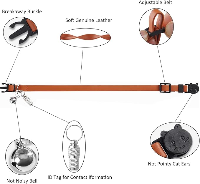 WROSWT Upgrade Breakaway Cat Collar with Bells, Soft Leather Kitten Collars with Name Tag,Safety Adjustable Buckle,Lightweight,Ideal for Girl Boy Cats,Puppies,2 Pack (Pink+Orange)