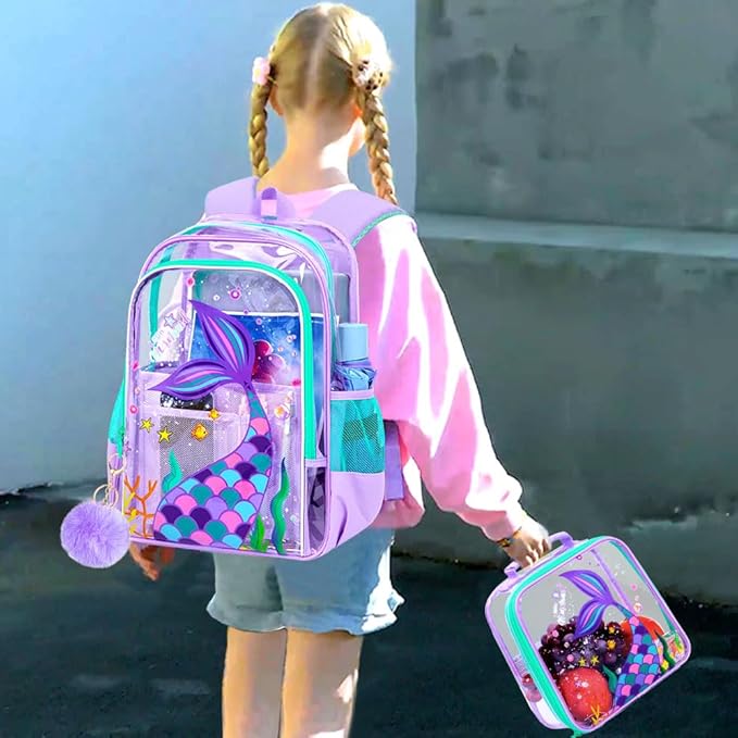 AGSDON 3PCS Mermaid Clear Backpack for Girls, 16" Transparent Bookbag Heavy Duty, Cute See Through Backpacks with Lunch Bag - Purple Mermaid