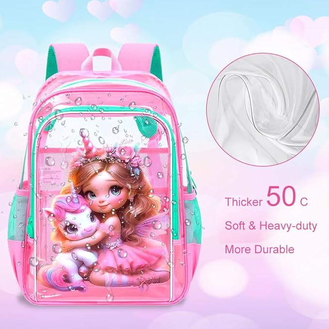 Clear Backpack for Girls and Boys, Kids Transparent Bookbag, 3PCS Cute See Through School Bag for Elementary Prechool