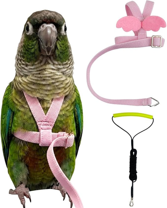 Adjustable Bird Harness with Elastic Leash, Pet Parrot Harness and Leash, Adjustable Training Design Anti-Bite, Bird Nylon Rope with Cute Wing for Conure (Pink,M)