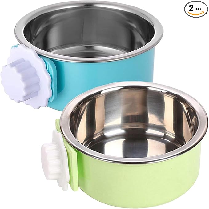 kathson Crate Dog Bowl, Removable Stainless Steel Hanging Pet Kennel Cage Bowl Food & Water Feeder Coop Cup for Puppy, Cat, Rabbit, Guinea Pigs Ferret Bird (2 PCS, Size: M, Blue and Green)