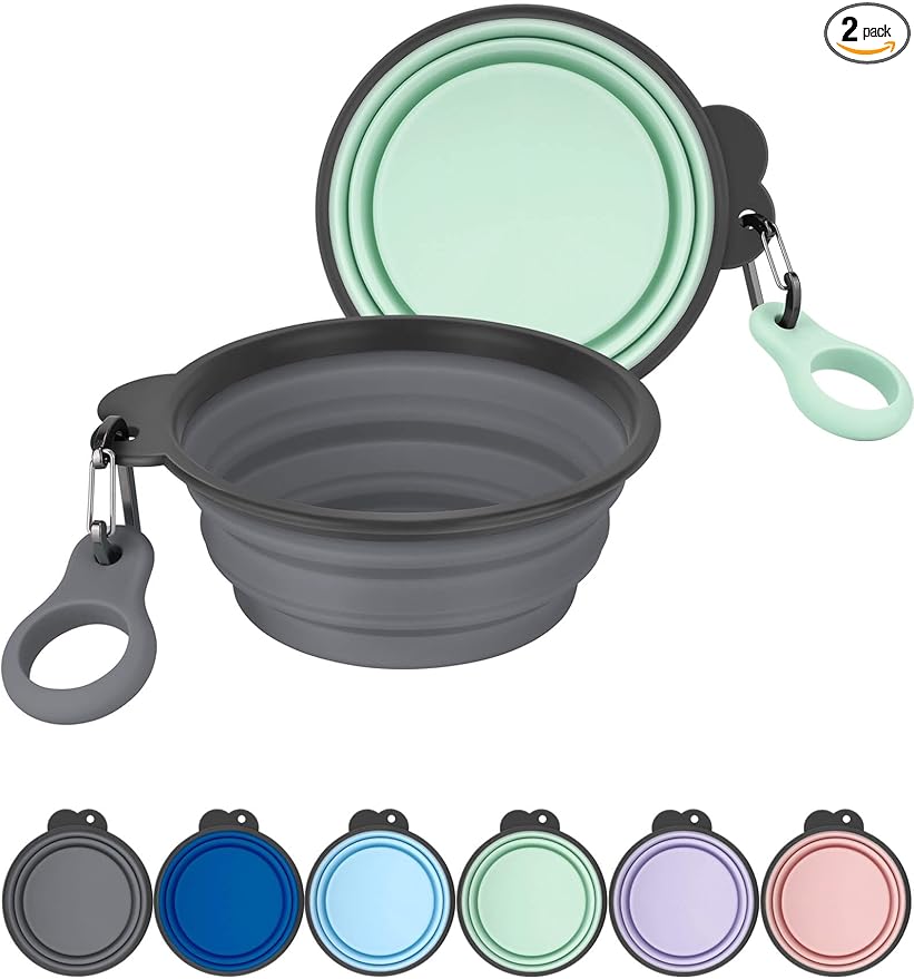 Aonkey Collapsible Dog Bowls with Bottle Carrier, 2 Pack Travel Dog Water Bowl Upgraded Carabiner, One-Piece Molded Rim No Fall Off or Crack, Foldable Silicone Portable for Pets Walking Hiking 37oz