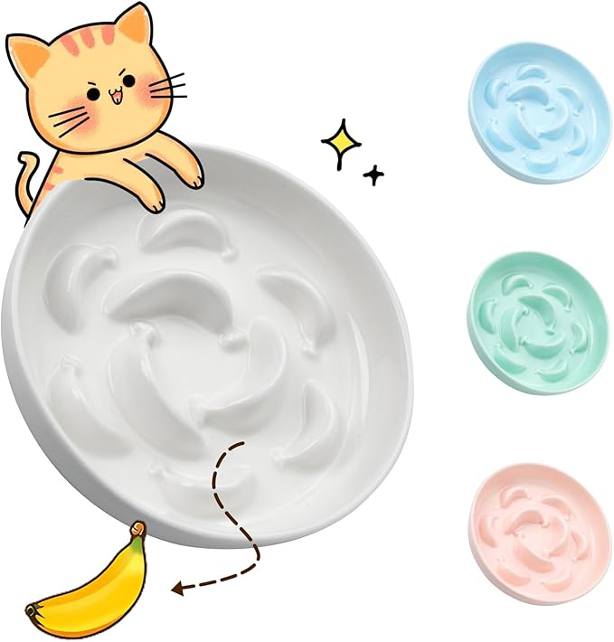 Ceramic Cat Slow Feeder Bowl - 6.3'' Wide Opening Whisker Friendly Cat Plate for Dry and Wet Food - Cute Maze Feeder Dish Helps Reduce Vomiting - Microwave and Dishwasher Safe - White