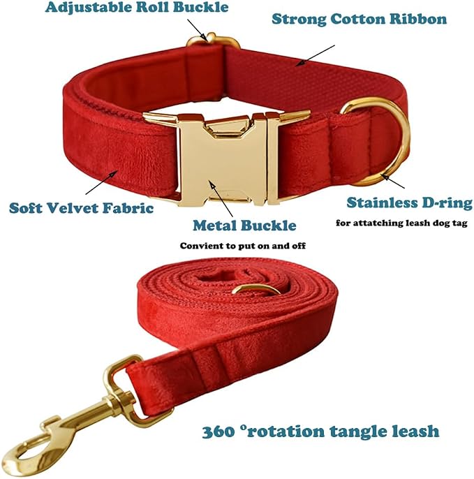 Love Dream Velvet Dog Collar and Leash Set, Soft & Comfy Adjustable Dog Leash and Collar with Heavy Duty Metal Buckle for Small Medium Large Dogs Training & Walking (Large, Red)