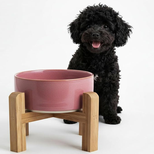 hjn Elevated Ceramic Dog Bowl with Bamboo Stand, Raised Pet Feeding Station for Small Medium Dogs Cats, Modern Design with Anti-Slip Base (Deep Pink, 3.6Cup)