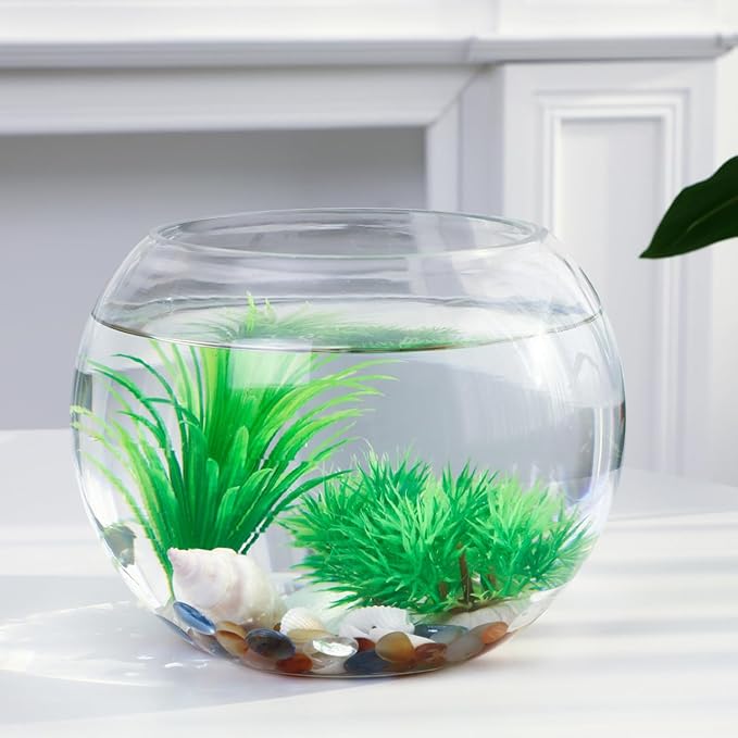 GANAZONO Glass Round Fish Tank 7.87X7.87X6.29 Inch Clear Small Fish Bowl Desktop Aquarium for Goldfish Home Office Wedding Decoration and Hydroponic Vase
