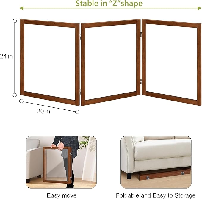 LZRS Clear Dog Gate for Indoor Use - Transparent Pet Fence with Solid Hardwood and Plastic Board, Stylish & Durable freestanding Pet Gate for Doorways, Stairs and Hallways-3 Panel Cherry