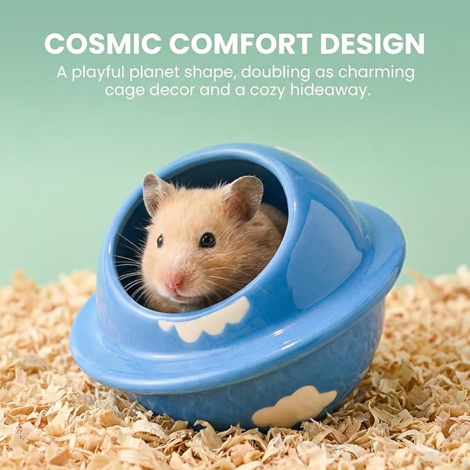 Ceramics Hamster Hideout Planet-Shape Guinea Pig Bed Cute Cool Summer Cage for Small Animal Dwarf, Gerbil, Squirrel (Blue)