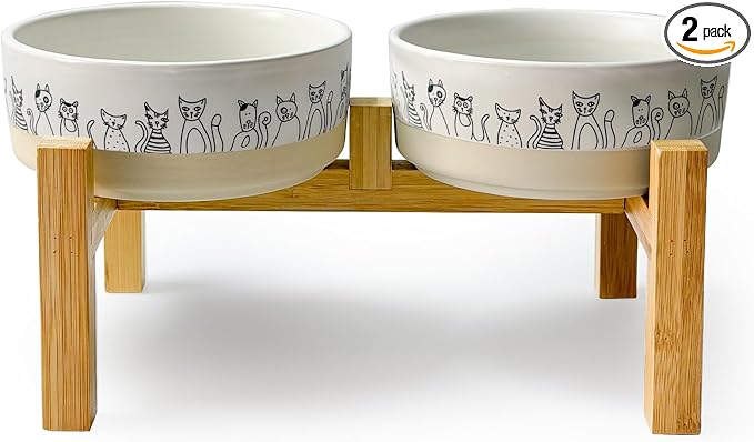 Elevated Ceramic Cat Bowls with Wooden Stand，6.1inch Raised Cat Bowls with Cute Pattern for Small and Medium Breed Dogs,2 Pack Cats Food and Water Bowl Set,Weighted Pet Dishes Dishwasher Safe