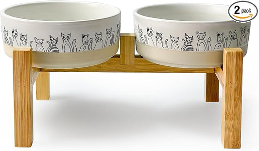 Elevated Ceramic Cat Bowls with Wooden Stand，6.1inch Raised Cat Bowls with Cute Pattern for Small and Medium Breed Dogs,2 Pack Cats Food and Water Bowl Set,Weighted Pet Dishes Dishwasher Safe