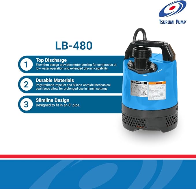 Tsurumi Pump LB-480 Submersible Dewatering Pump 2/3 HP 115V 2 in Discharge Slimline Design Ideal For Construction Use | 63 GPM / 3780 GPH