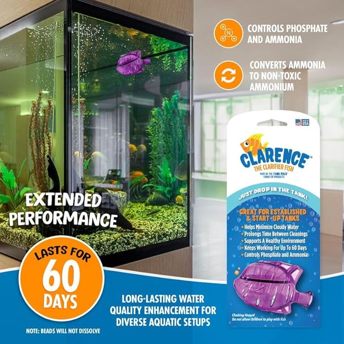 Clarence the Clarifier Fish - 2 pk, Purple - Aquarium Treatment, Clear Cloudy Fresh-Saltwater, Fish-Plant Safe, 10gal Tank Maintenance Each