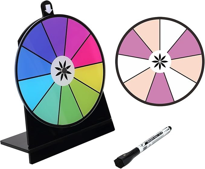 iobiotio Spinning Prize Wheel, Spinning Wheel for Prizes with Stand, 9,10 Slots Color Small Tabletop Roulette Spinner, Easy Assembly and Erasable, Portable, 8 inch, 5mm, Black