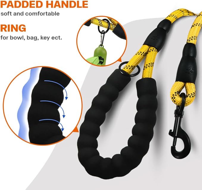 Taglory Rope Dog Leash 5 FT with Comfortable Padded Handle, Highly Reflective Threads Leash and Anti-Tangle Clip for Walking Medium Large Dogs, 1/2 inch, Yellow