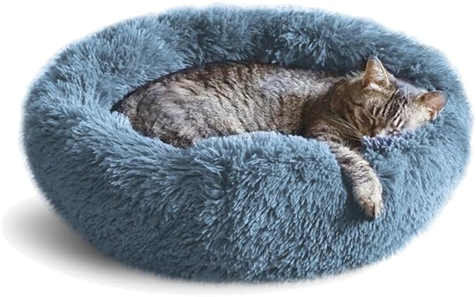 Whiskers & Friends Cat Beds for Indoor Cats, Fluffy Calming Donut Cat Bed, Small Dog Bed Washable - Orthopedic Soft Plush Pet Beds Sized for Kitten to Large Cats & Puppy to Small Dogs - Navy Grey 23''