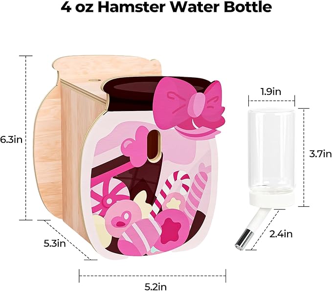 mini&moe Hamster Water Bottle for Glass Tank – 4 oz Guinea Pig Water Bottle No Drip for Hamster Cage Accessories Small Animal Water Dispenser with Wooden Holder for Rats, Gerbils