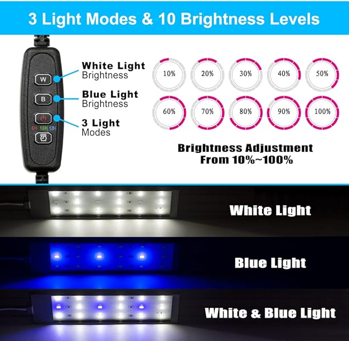 DaToo Aquarium Light Small LED Clip Light for Fish Tank 10W with Timer&Dimmer, 1 Yr Warranty