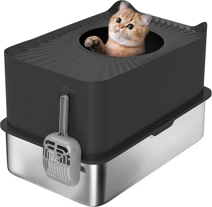 PawHut XL Stainless Steel Litter Box, Extra Large Enclosed Cat Litter Pan with High Wall Sides, Scoop, Top Entrance, Non-Slip Pads, Anti-Urine Leakage, Non-Sticky, Black